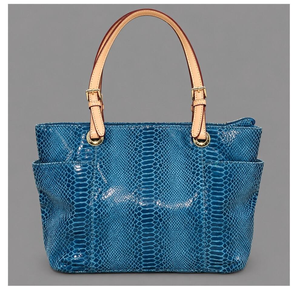Michael Kors Jet Set Teal Blue Python-Embossed Leather Shoulder Bag Tan Handles